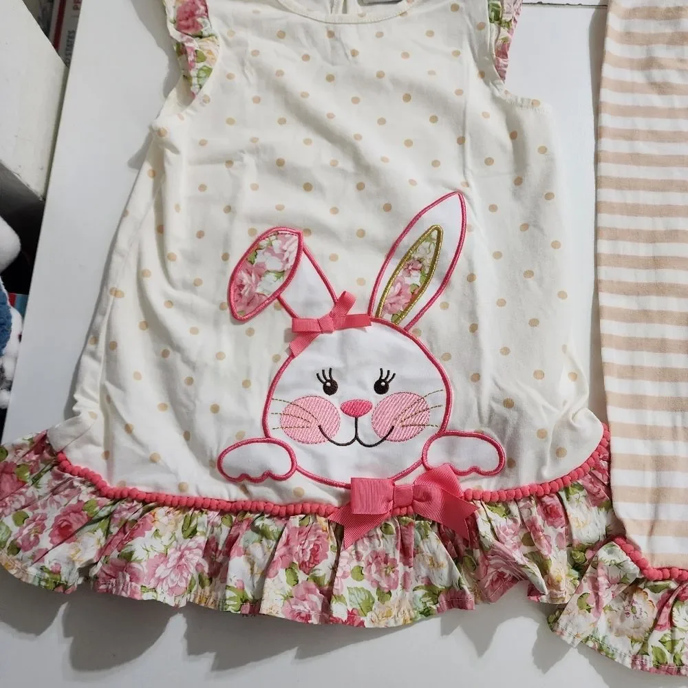 Girls Embroidered Easter Bunny Spring Floral Tank & Ruffled Pants Set Size 6x